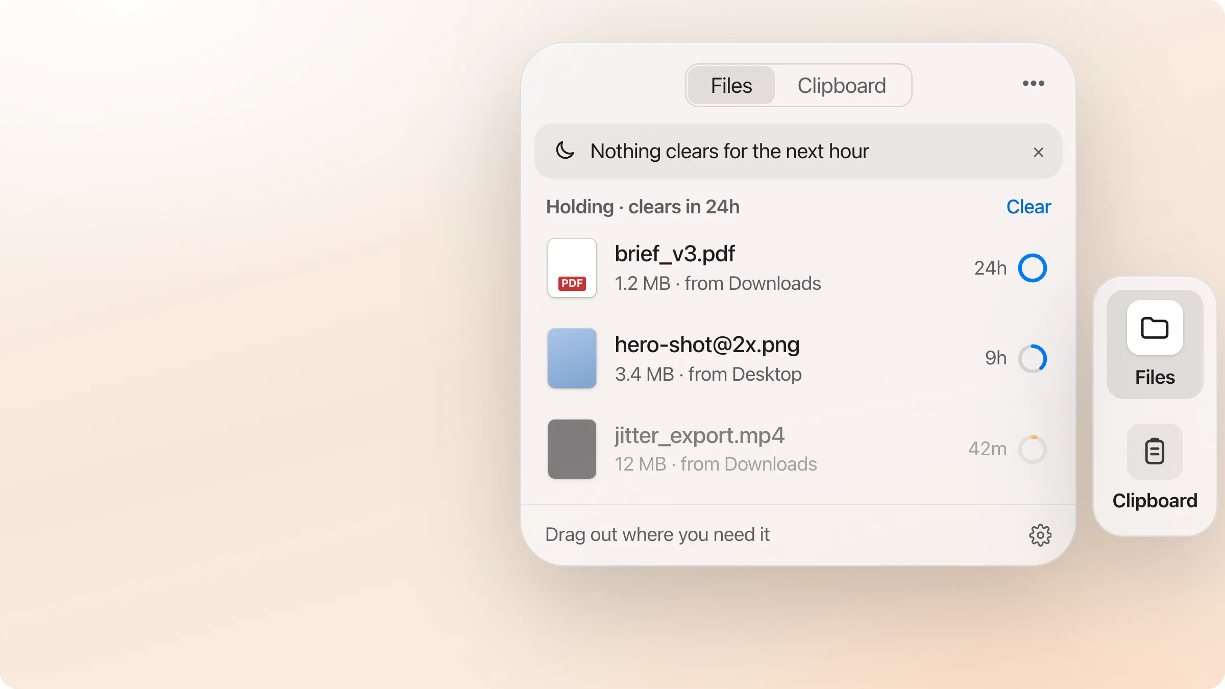 dragand's Files panel after the Mac wakes: nothing clears for the next hour, and each held file shows its time left.