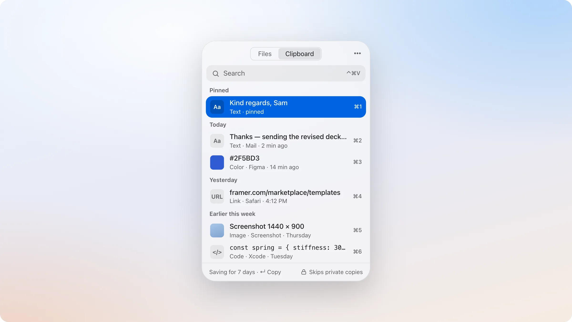 dragand's clipboard history: a search field, a pinned item and today's copies.