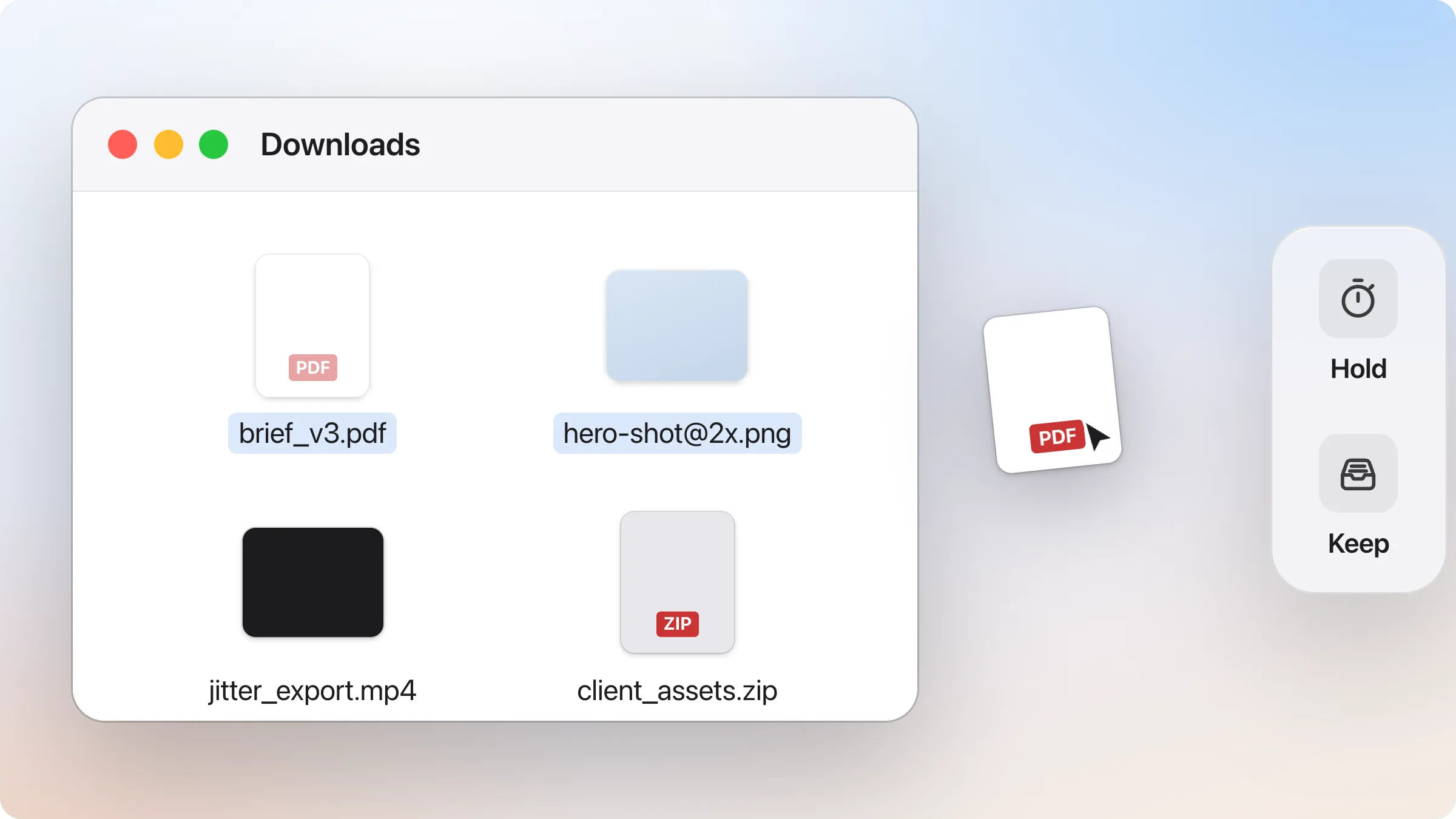 A file dragged from a Finder window towards the right edge, where dragand shows Hold and Keep.