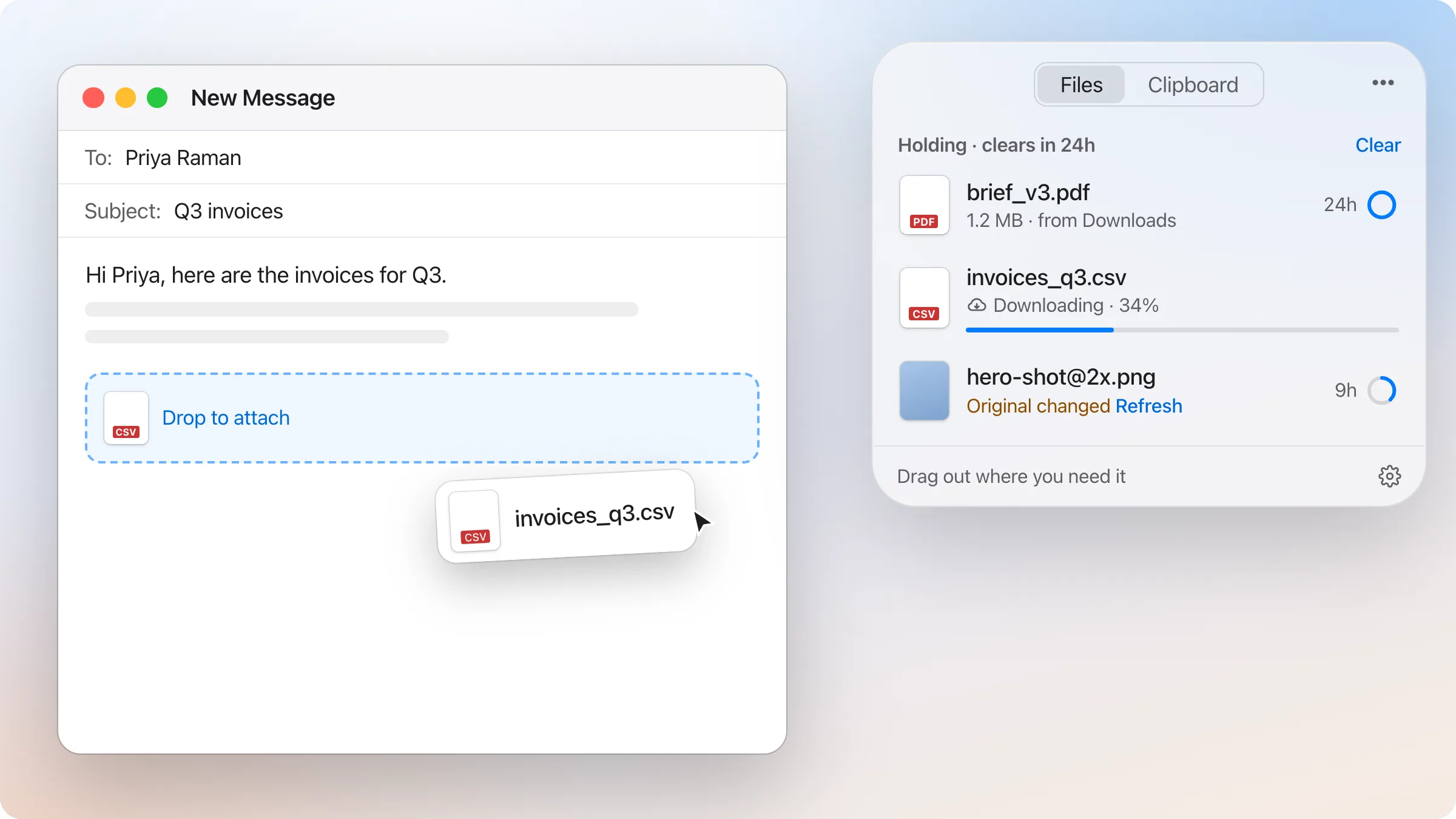 dragand's shelf open beside a new email, a file being dragged into the message.