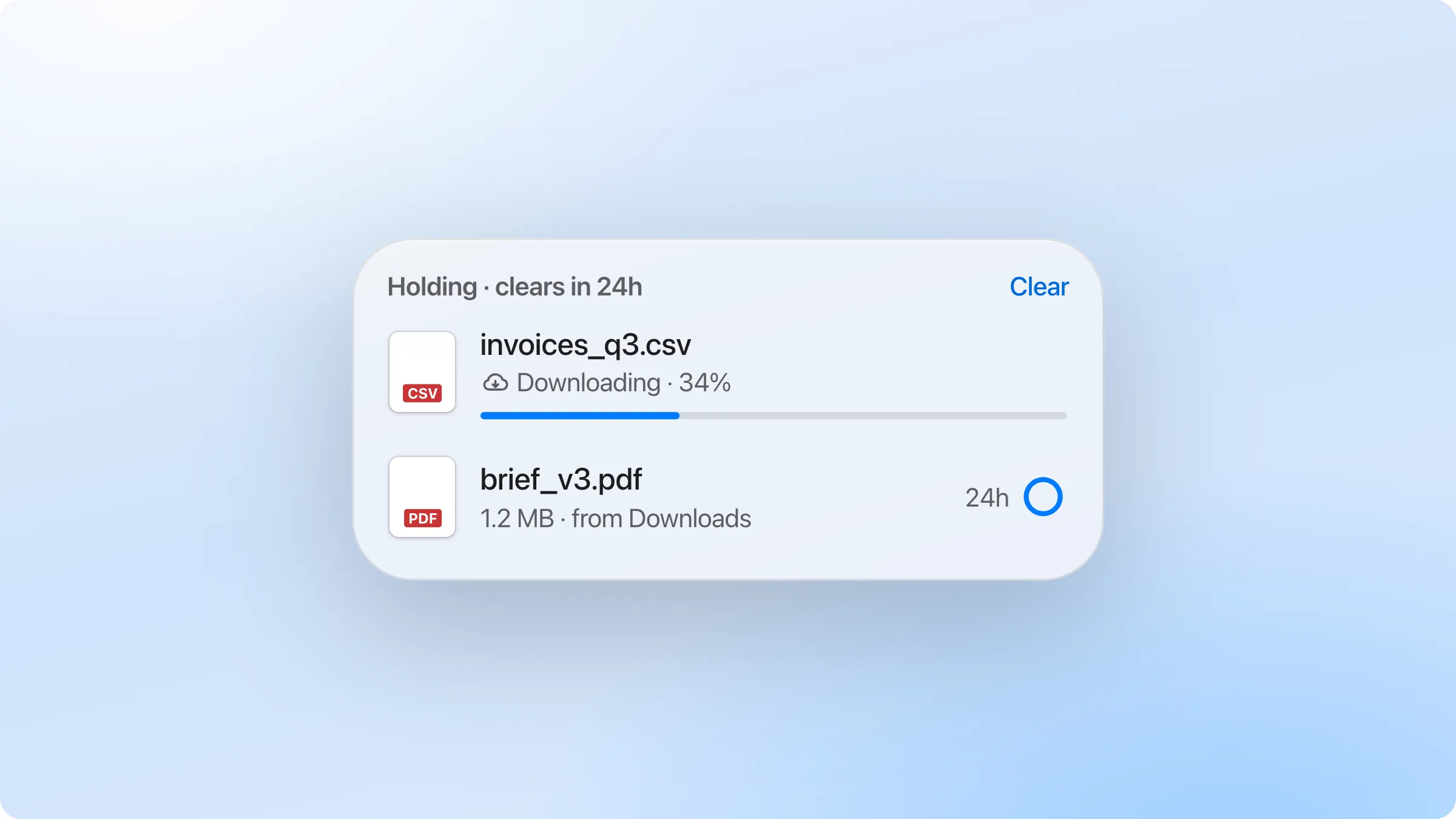 A held file downloading from iCloud Drive in dragand, with its progress bar.